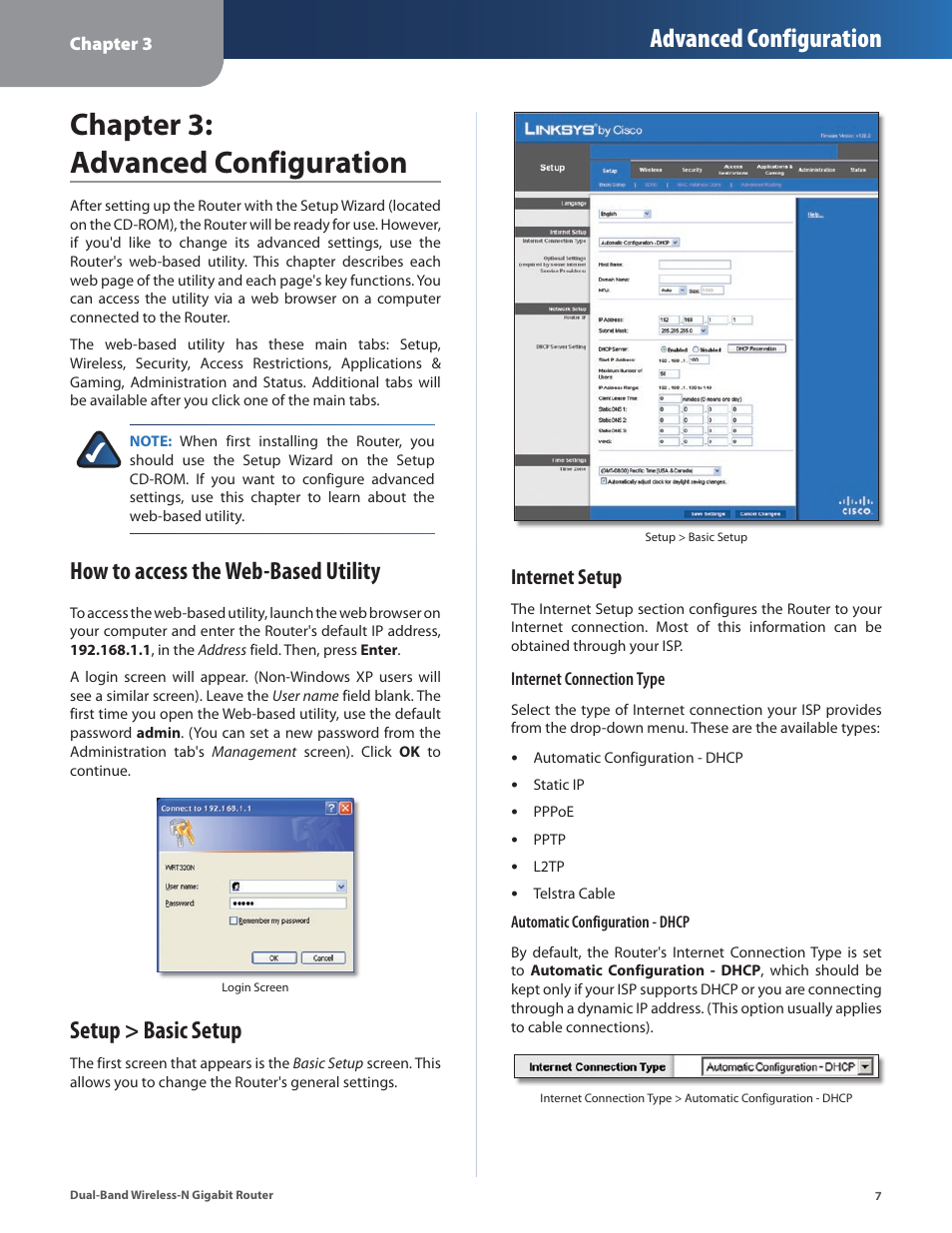 Chapter 3: advanced configuration, Setup > basic setup, Advanced configuration | How to access the web-based utility, Internet setup | Linksys Dual-Band Wireless-N Gigabit Router WRT320N User Manual | Page 8 / 54