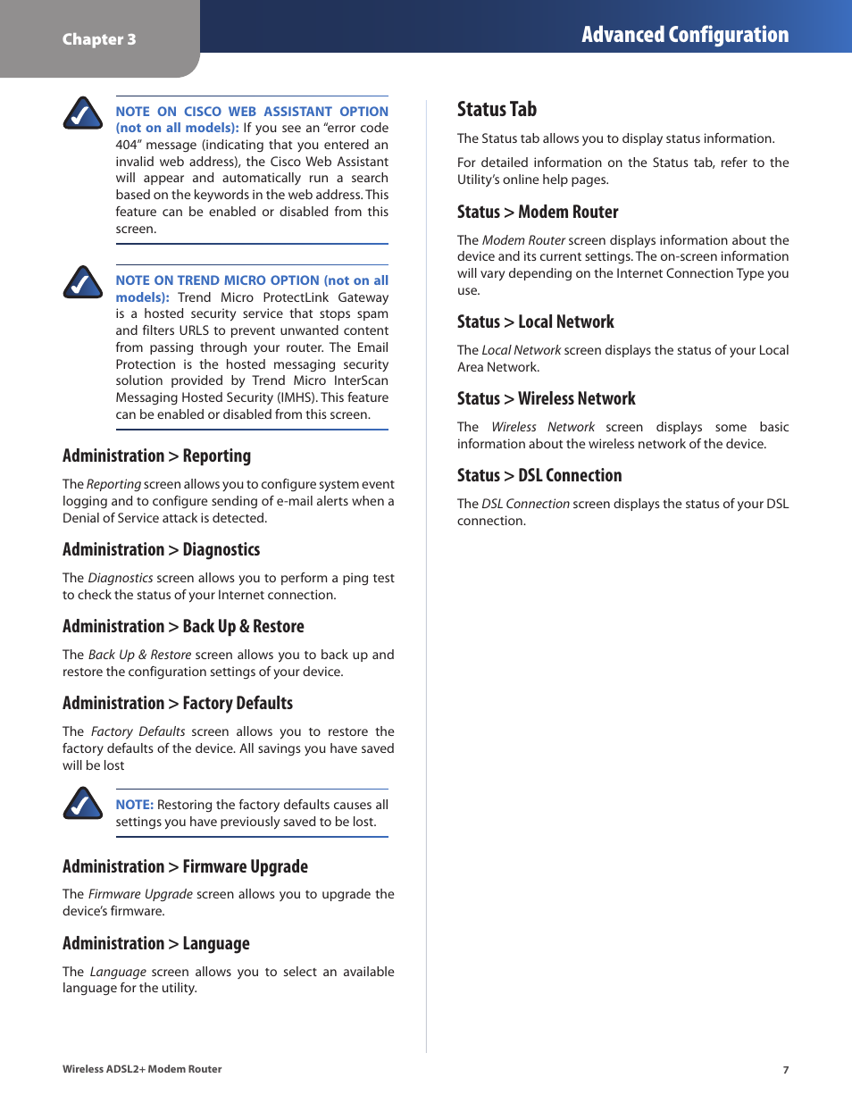 Status tab, Advanced configuration, Administration > reporting | Administration > diagnostics, Administration > back up & restore, Administration > factory defaults, Administration > firmware upgrade, Administration > language, Status > modem router, Status > local network | Linksys WAG320N User Manual | Page 10 / 23