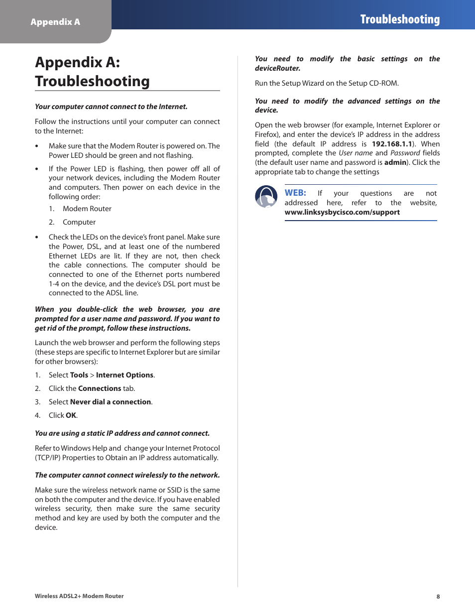 Appendix a: troubleshooting, Appendix a, Troubleshooting | Linksys WAG320N User Manual | Page 11 / 23