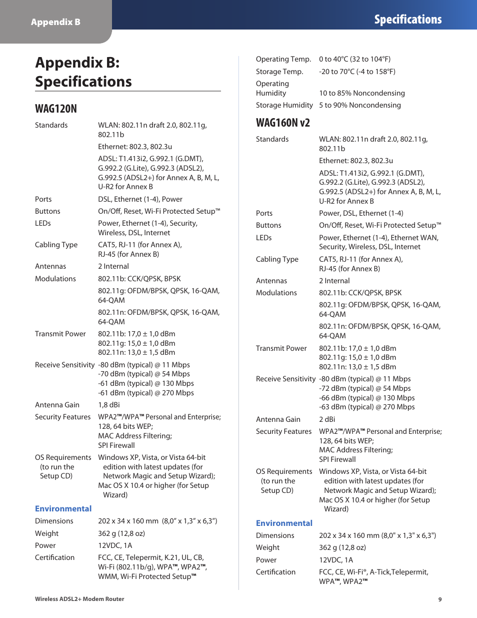 Appendix b: specifications, Wag120n, Wag160n v2 | Appendix b, Specifications, Wag120n wag160n v2 | Linksys WAG320N User Manual | Page 12 / 23