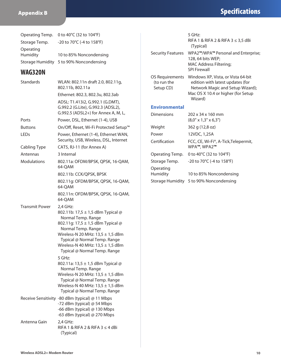 Wag320n, Specifications | Linksys WAG320N User Manual | Page 13 / 23
