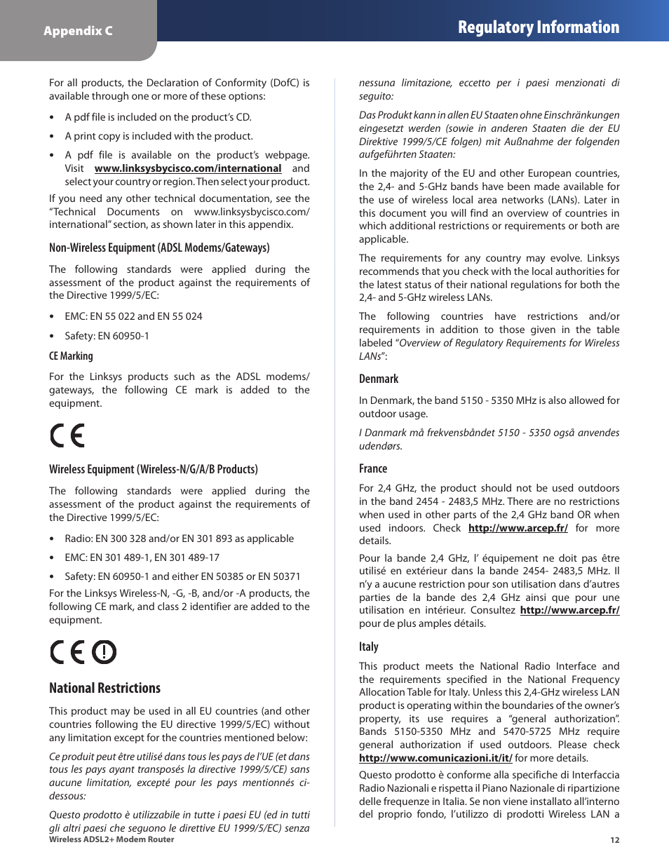 Regulatory information, National restrictions | Linksys WAG320N User Manual | Page 15 / 23