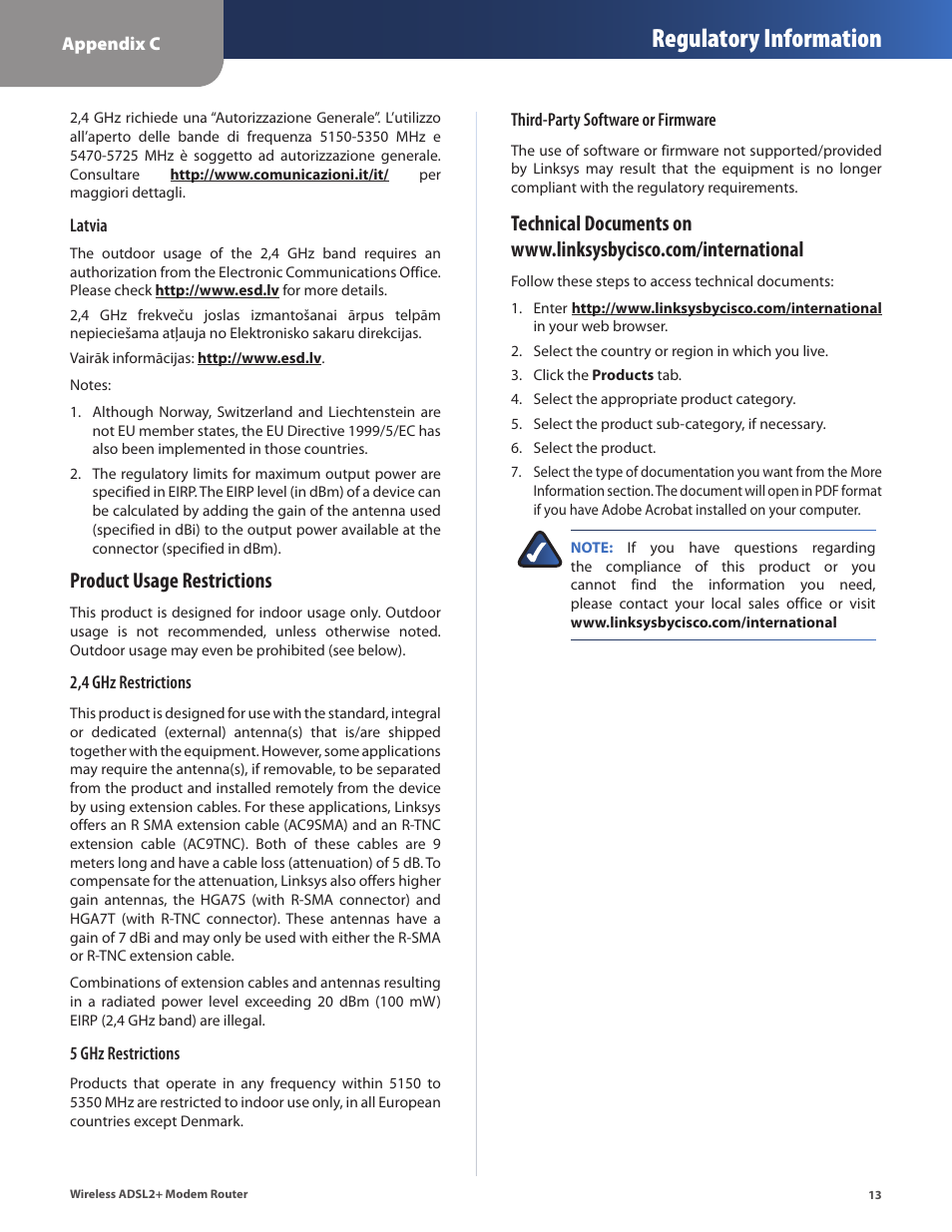 Regulatory information, Product usage restrictions | Linksys WAG320N User Manual | Page 16 / 23