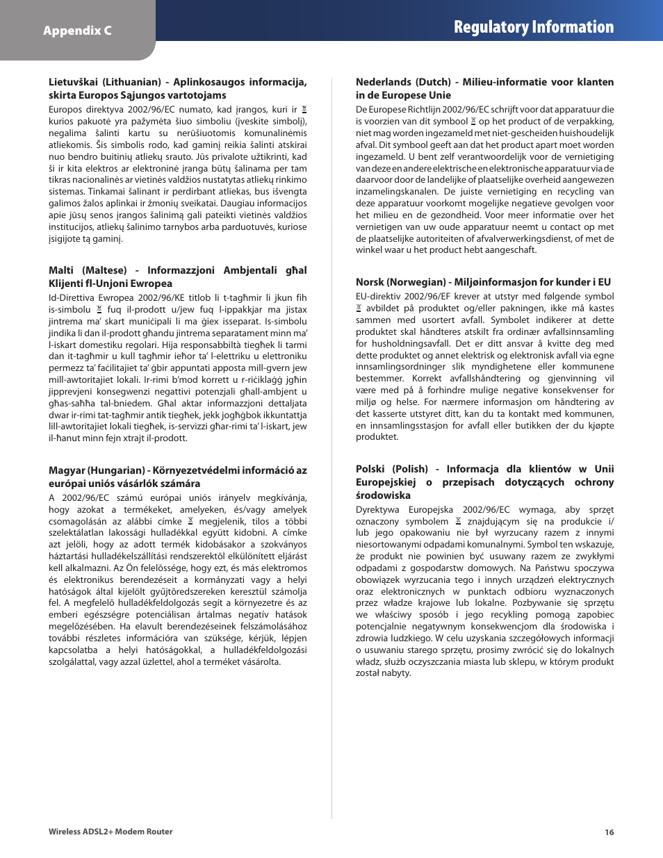 Regulatory information, Appendix c | Linksys WAG320N User Manual | Page 19 / 23