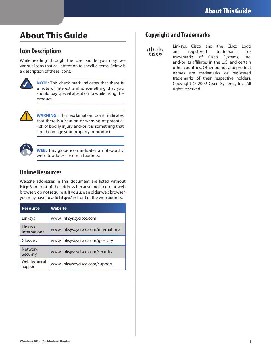 About this guide, Icon descriptions, Online resources | Copyright and trademarks | Linksys WAG320N User Manual | Page 2 / 23