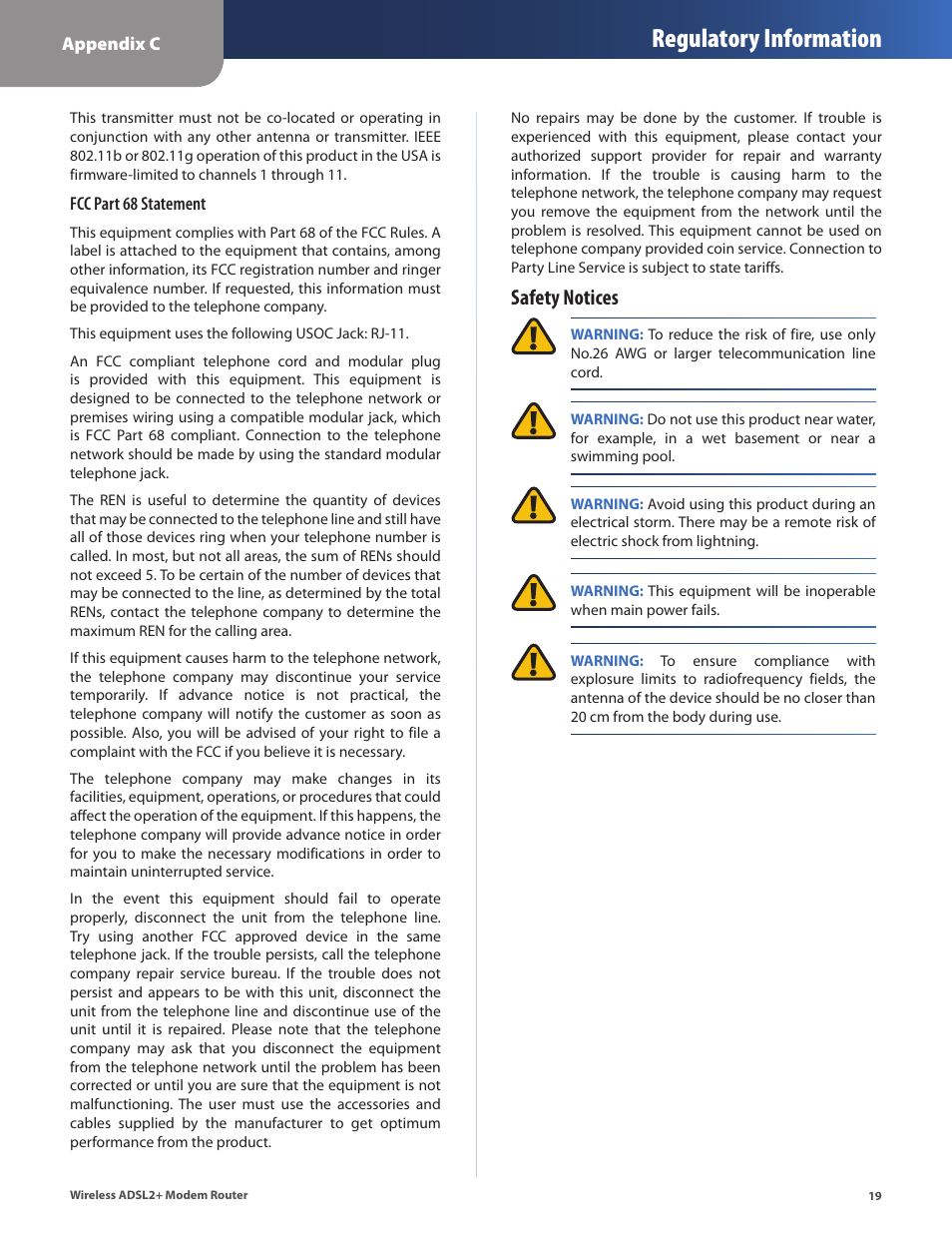 Regulatory information, Safety notices | Linksys WAG320N User Manual | Page 22 / 23