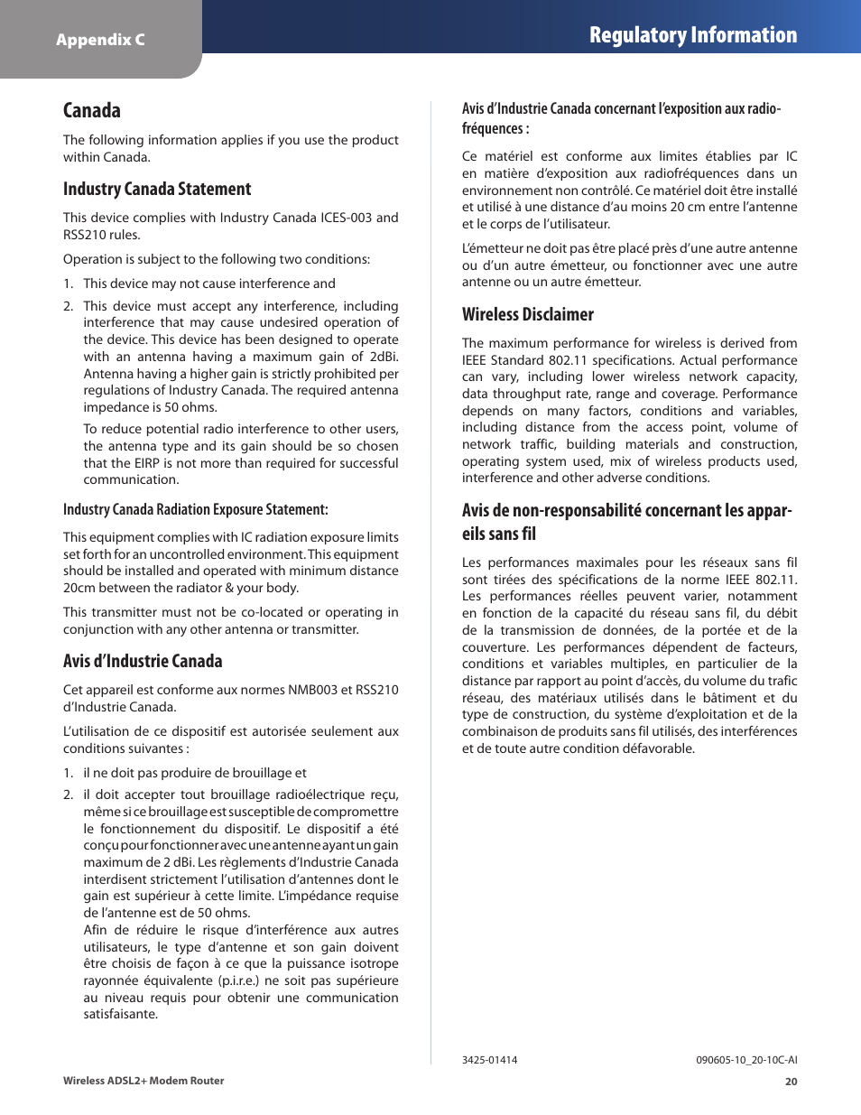 Canada, Regulatory information, Wireless disclaimer | Industry canada statement, Avis d’industrie canada | Linksys WAG320N User Manual | Page 23 / 23