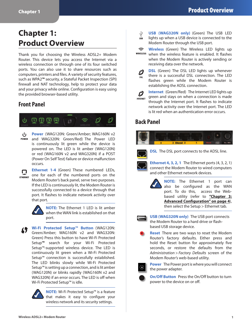 Chapter 1: product overview, Front panel, Back panel | Chapter 1, Product overview, Front panel back panel | Linksys WAG320N User Manual | Page 4 / 23