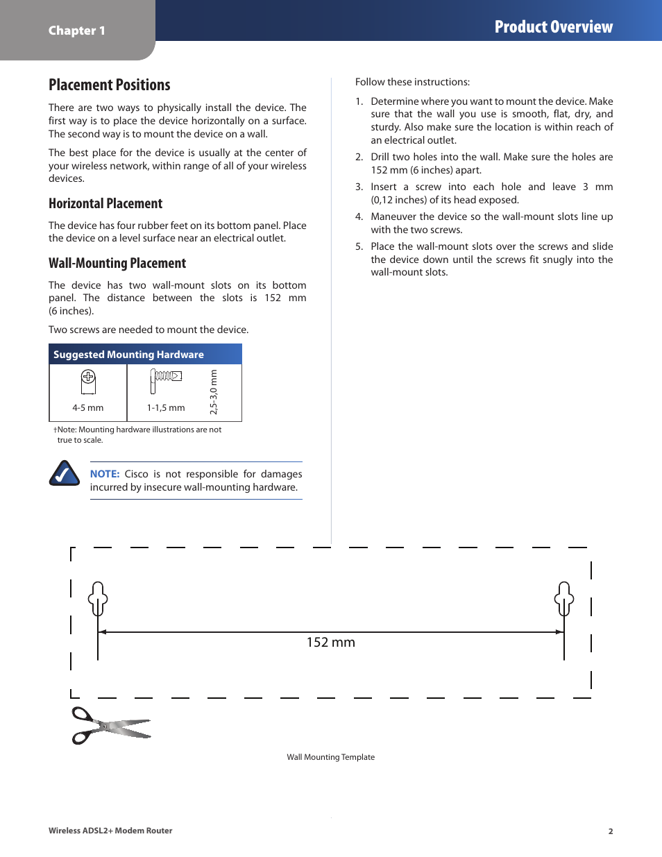 Placement positions, Product overview, Horizontal placement | Wall-mounting placement, 152 mm | Linksys WAG320N User Manual | Page 5 / 23