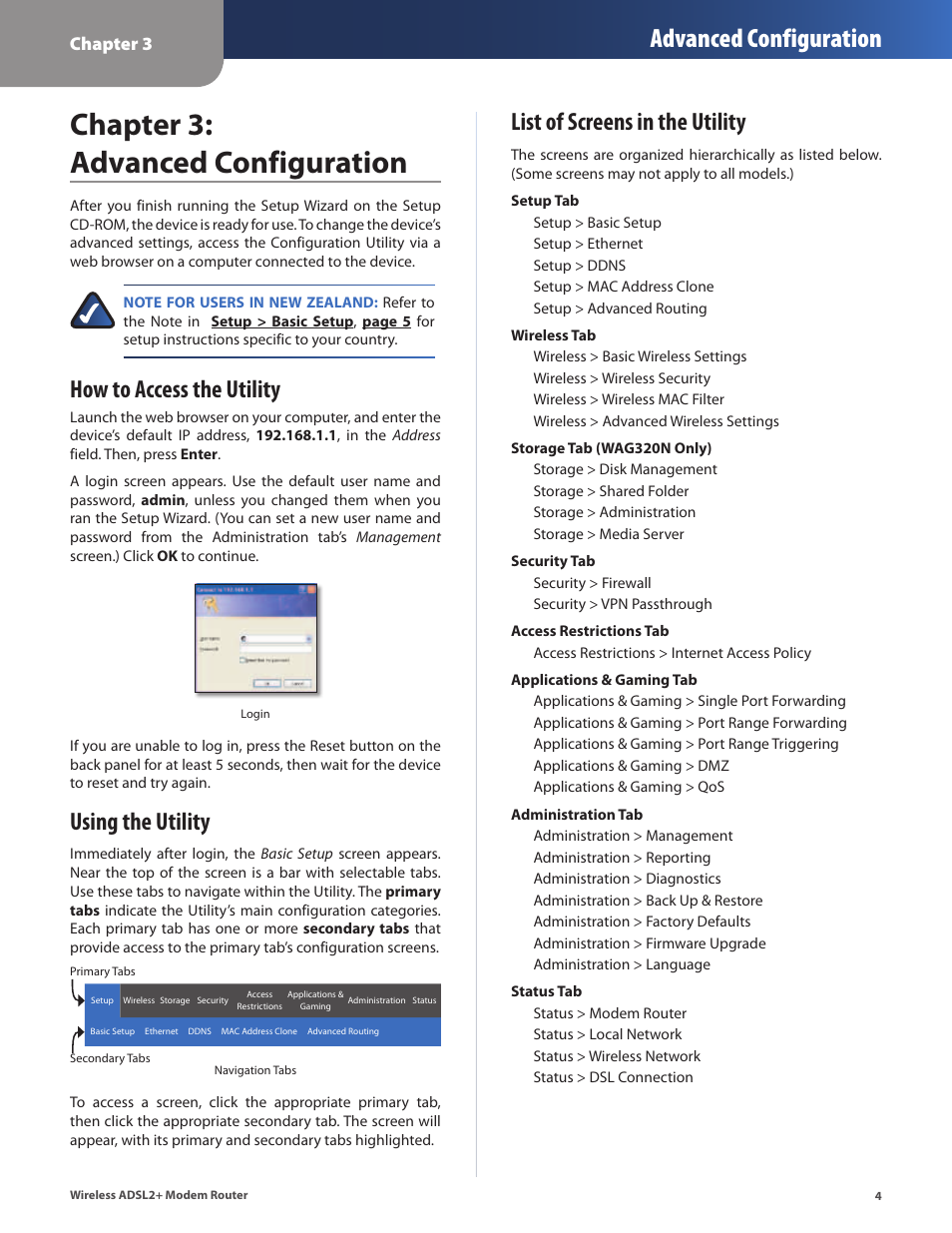 Chapter 3: advanced configuration, How to access the utility, Using the utility | List of screens in the utility, Chapter 3, Advanced configuration | Linksys WAG320N User Manual | Page 7 / 23