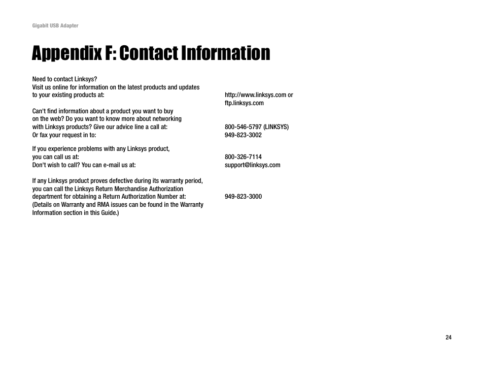 Appendix f: contact information | Linksys USB1000 User Manual | Page 26 / 26