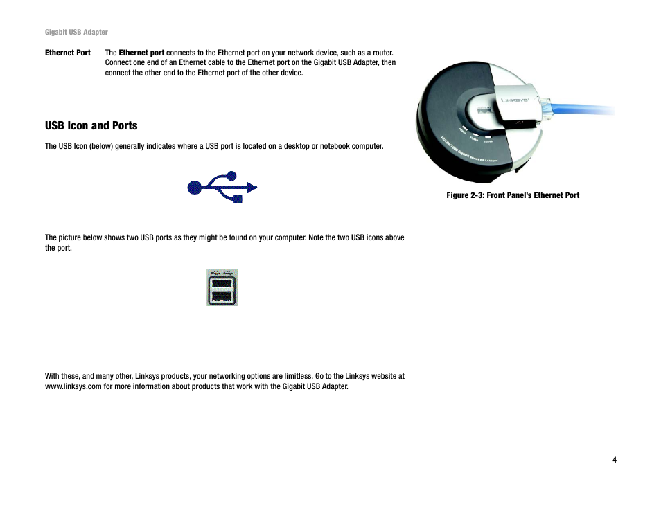 Usb icon and ports | Linksys USB1000 User Manual | Page 8 / 26