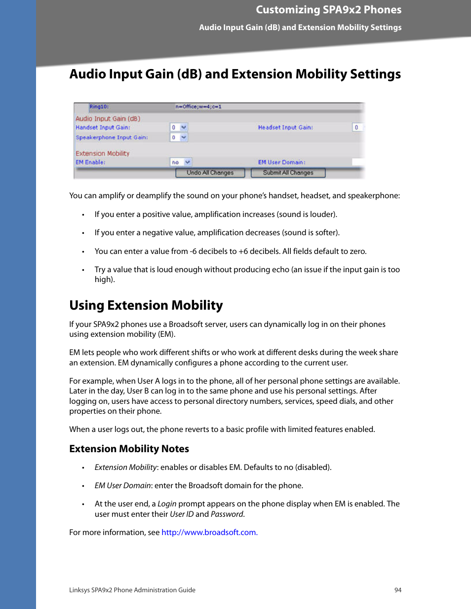 Using extension mobility, Extension mobility notes, Customizing spa9x2 phones | Linksys BUSINESS SPA922 User Manual | Page 101 / 196