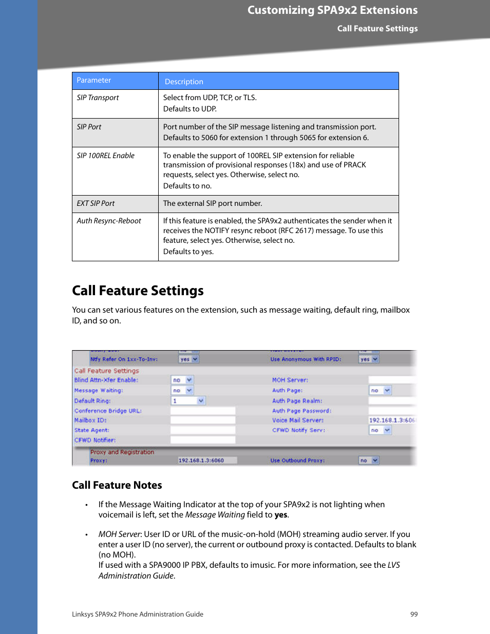 Call feature settings, Call feature notes, Customizing spa9x2 extensions | Linksys BUSINESS SPA922 User Manual | Page 106 / 196