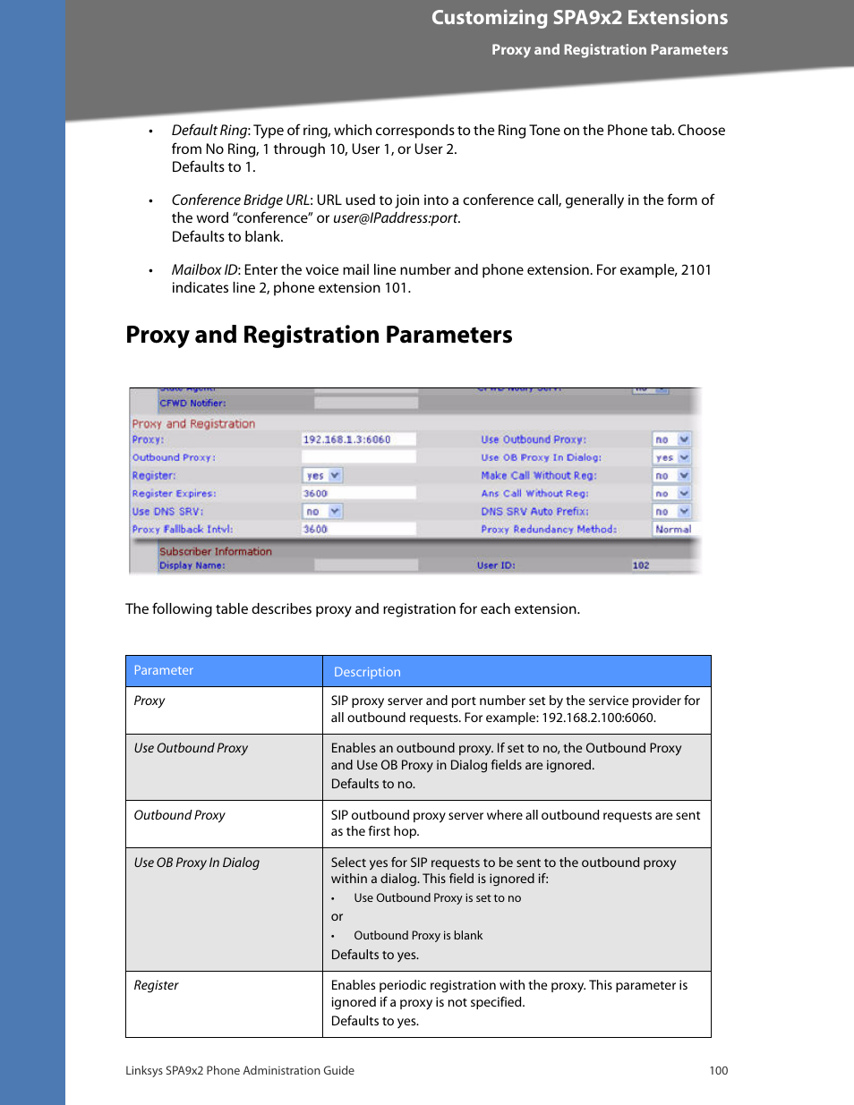 Proxy and registration parameters, Customizing spa9x2 extensions | Linksys BUSINESS SPA922 User Manual | Page 107 / 196
