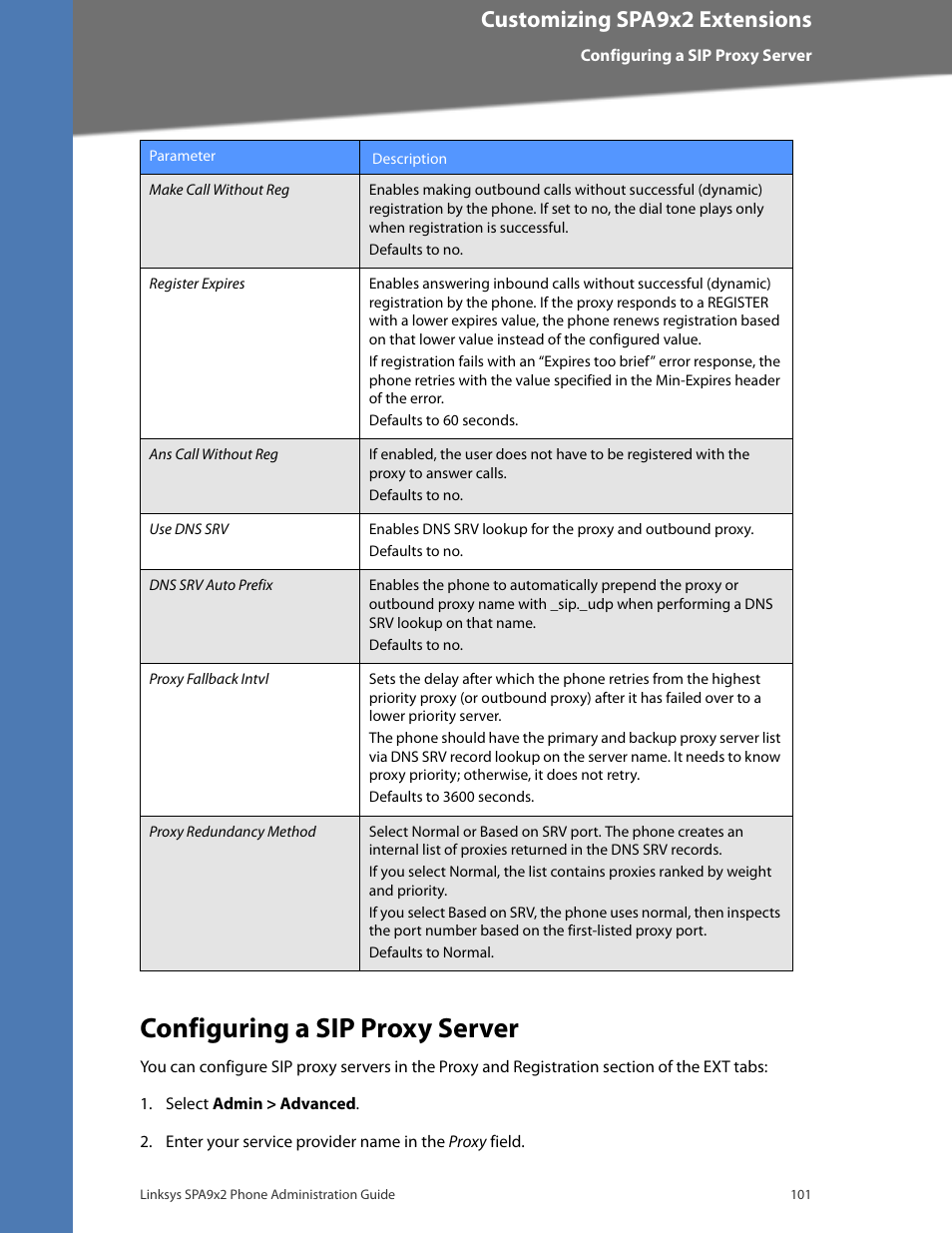 Configuring a sip proxy server, Customizing spa9x2 extensions | Linksys BUSINESS SPA922 User Manual | Page 108 / 196