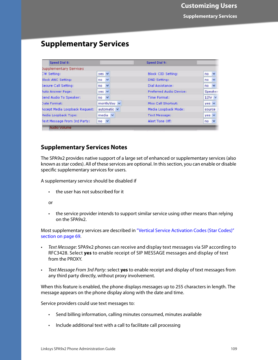 Supplementary services, Supplementary services notes, Customizing users | Linksys BUSINESS SPA922 User Manual | Page 116 / 196