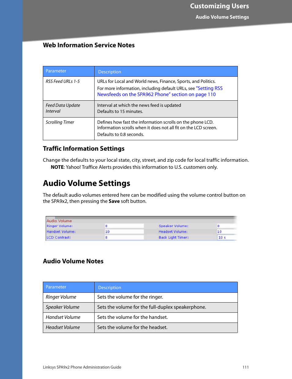 Web information service notes, Traffic information settings, Audio volume settings | Audio volume notes, Customizing users | Linksys BUSINESS SPA922 User Manual | Page 118 / 196