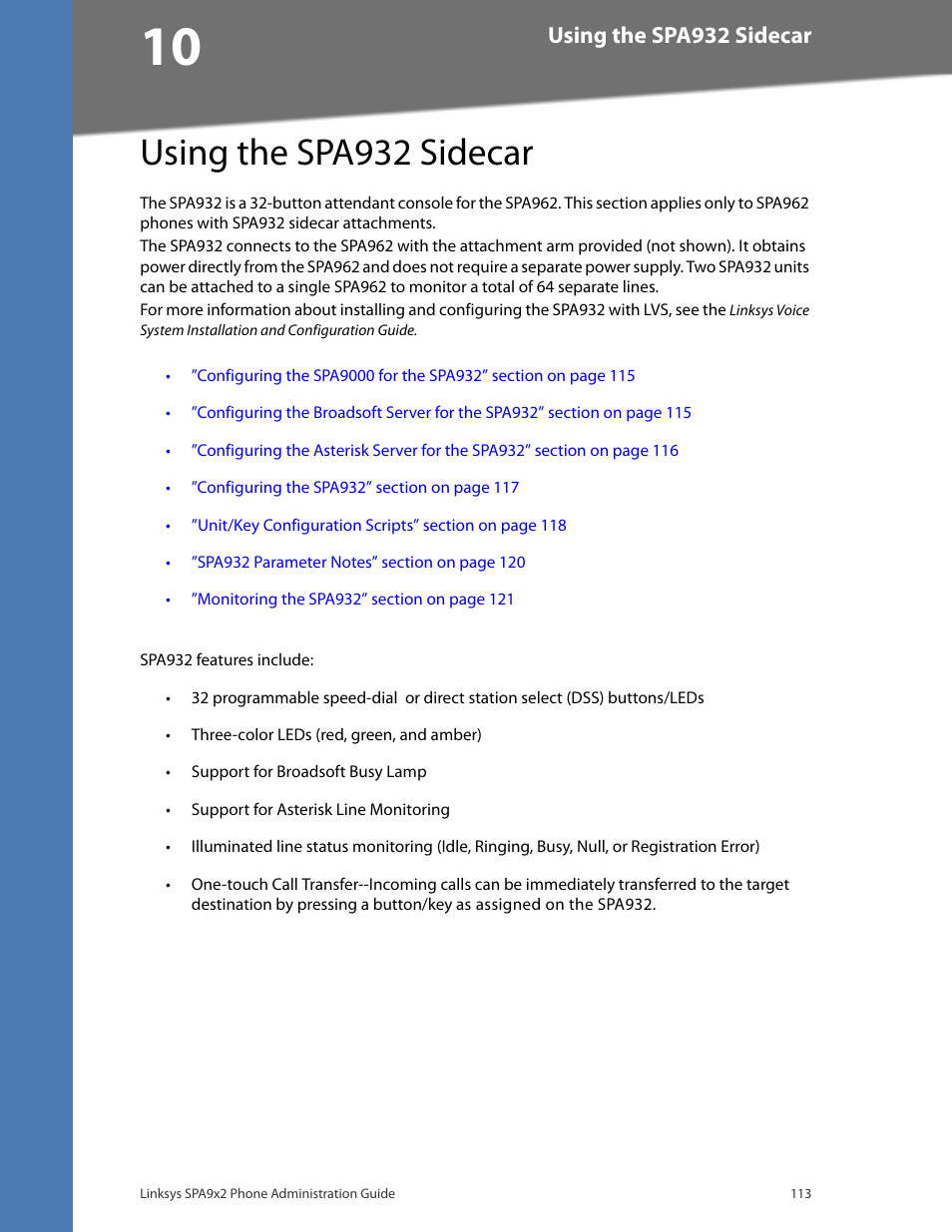 Using the spa932 sidecar, Chapter 10: using the spa932 sidecar, Chapter 10, "using the spa932 sidecar | Chapter 10, "using the spa932, Sidecar | Linksys BUSINESS SPA922 User Manual | Page 120 / 196