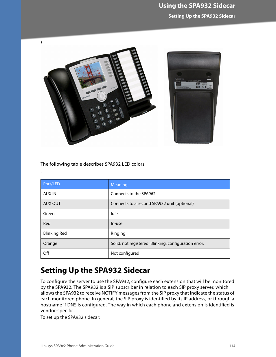 Setting up the spa932 sidecar, Using the spa932 sidecar | Linksys BUSINESS SPA922 User Manual | Page 121 / 196