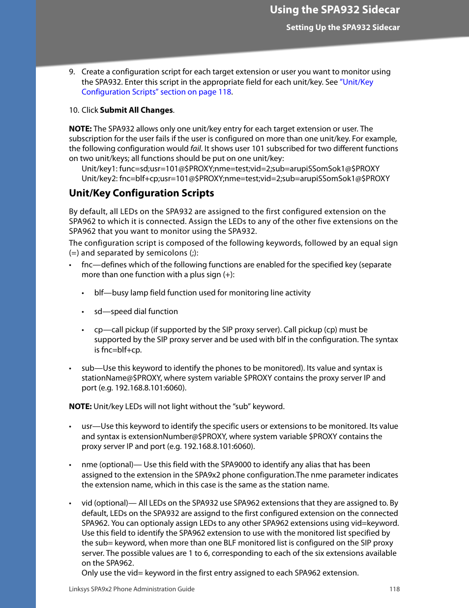 Unit/key configuration scripts, Using the spa932 sidecar | Linksys BUSINESS SPA922 User Manual | Page 125 / 196