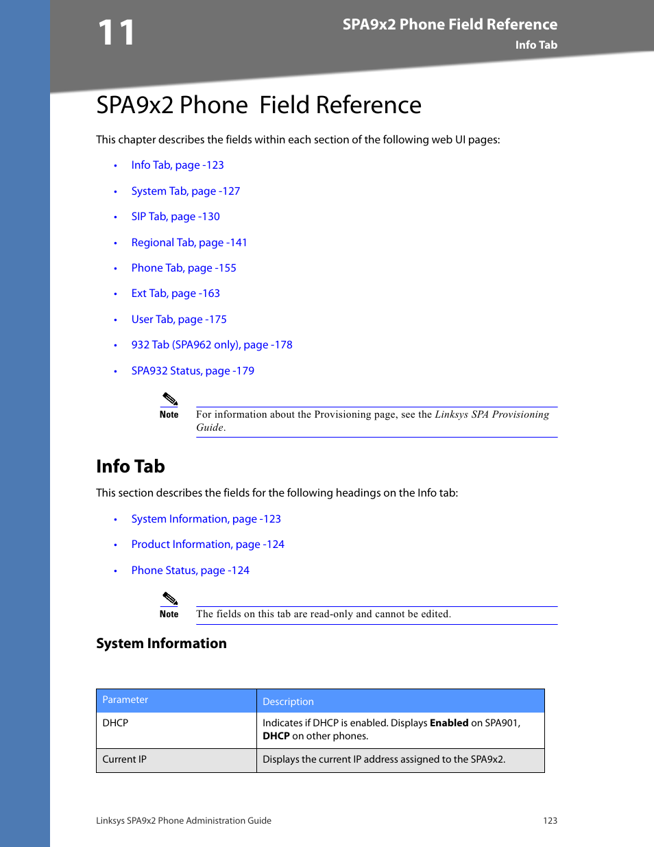 Spa9x2 phone field reference, Info tab, System information | Chapter 11: spa9x2 phone field referenc | Linksys BUSINESS SPA922 User Manual | Page 130 / 196