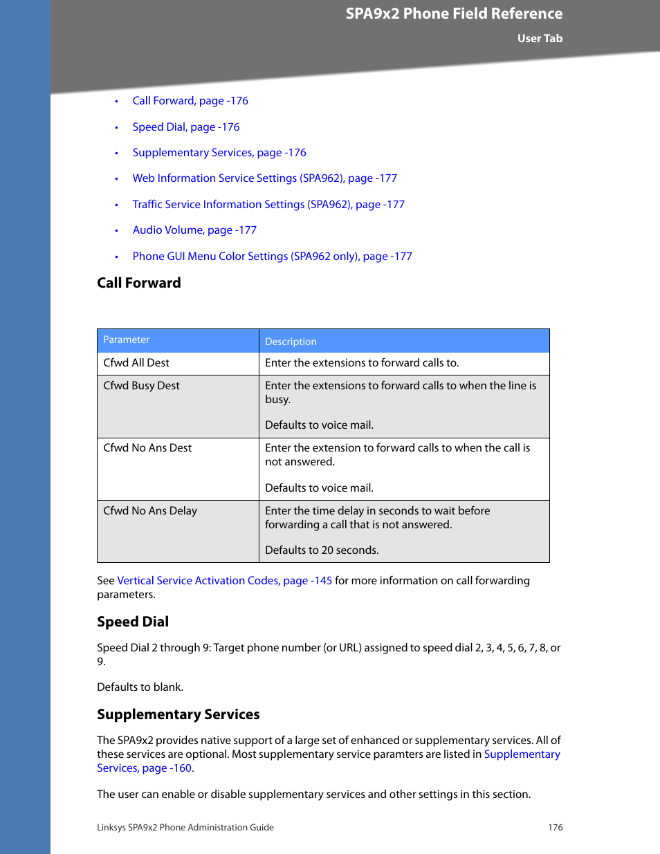 Call forward, Speed dial, Supplementary services | Cisco confidential--first draft, Spa9x2 phone field reference | Linksys BUSINESS SPA922 User Manual | Page 183 / 196