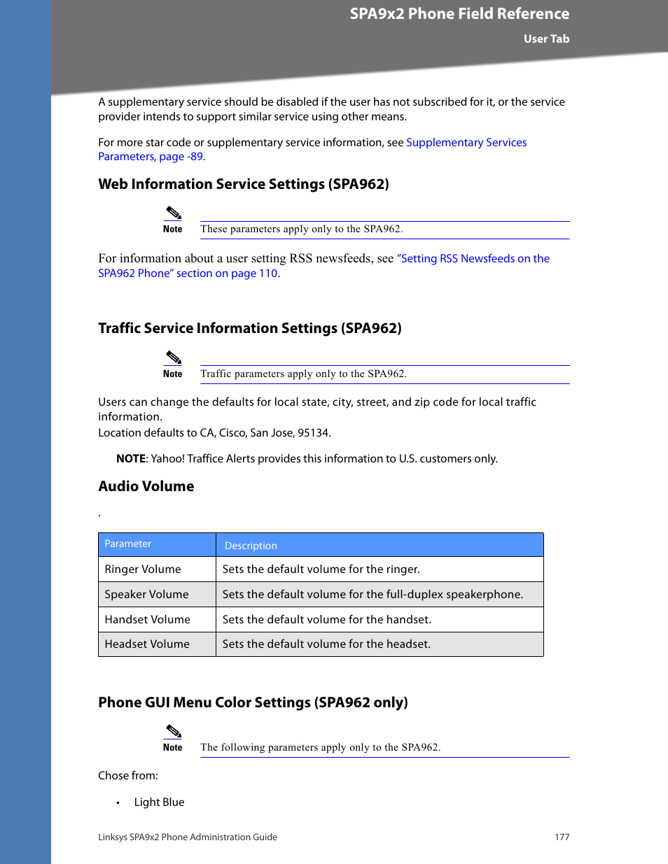 Web information service settings (spa962), Traffic service information settings (spa962), Audio volume | Phone gui menu color settings (spa962 only), Cisco confidential--first draft, Spa9x2 phone field reference | Linksys BUSINESS SPA922 User Manual | Page 184 / 196