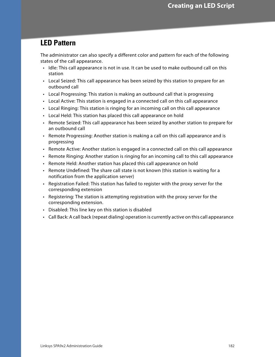 Led pattern, Creating an led script | Linksys BUSINESS SPA922 User Manual | Page 189 / 196