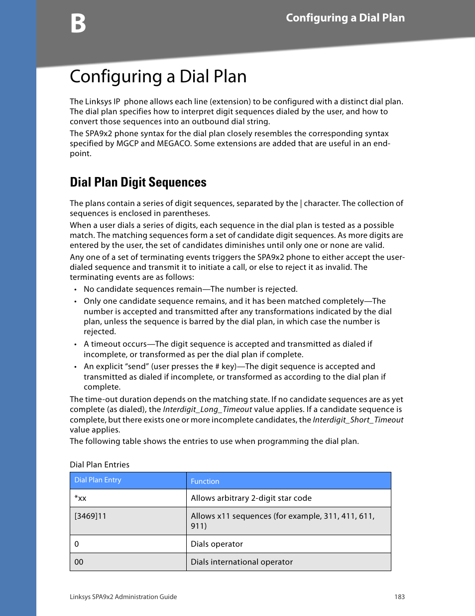 Configuring a dial plan, Dial plan digit sequences | Linksys BUSINESS SPA922 User Manual | Page 190 / 196
