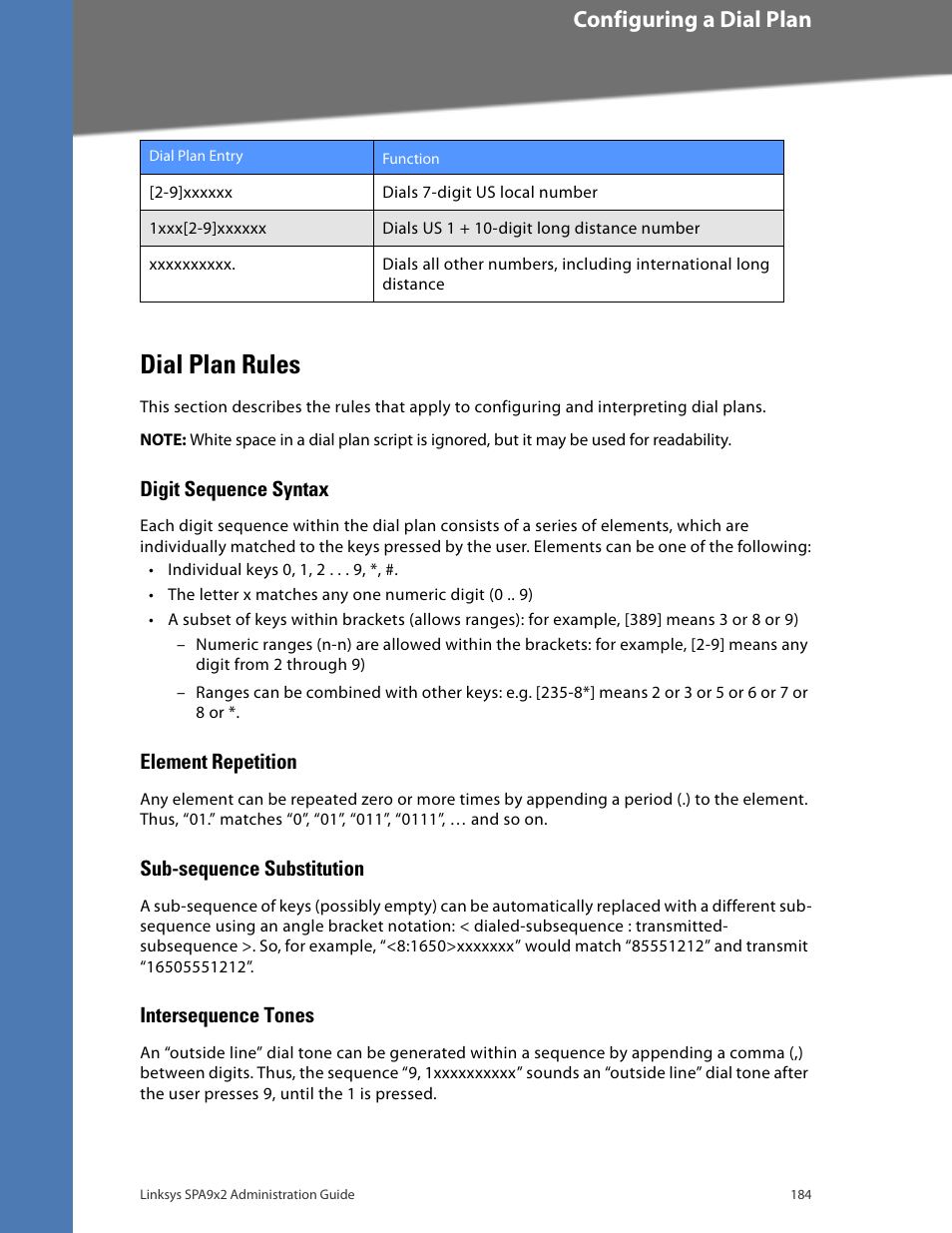 Dial plan rules, Digit sequence syntax, Element repetition | Sub-sequence substitution, Intersequence tones, Configuring a dial plan | Linksys BUSINESS SPA922 User Manual | Page 191 / 196