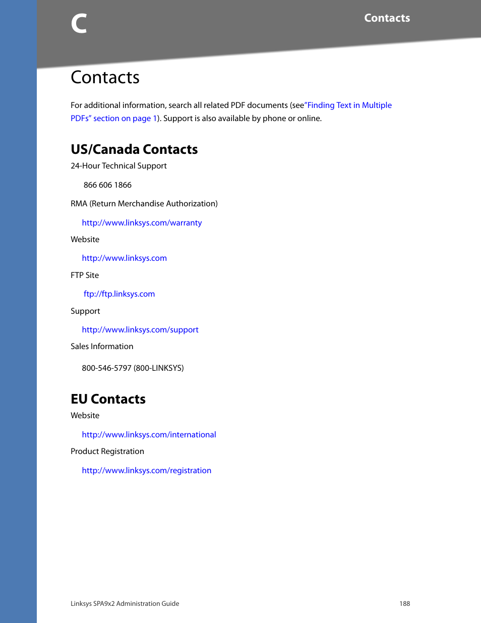 Contacts, Us/canada contacts, Eu contacts | Linksys BUSINESS SPA922 User Manual | Page 195 / 196