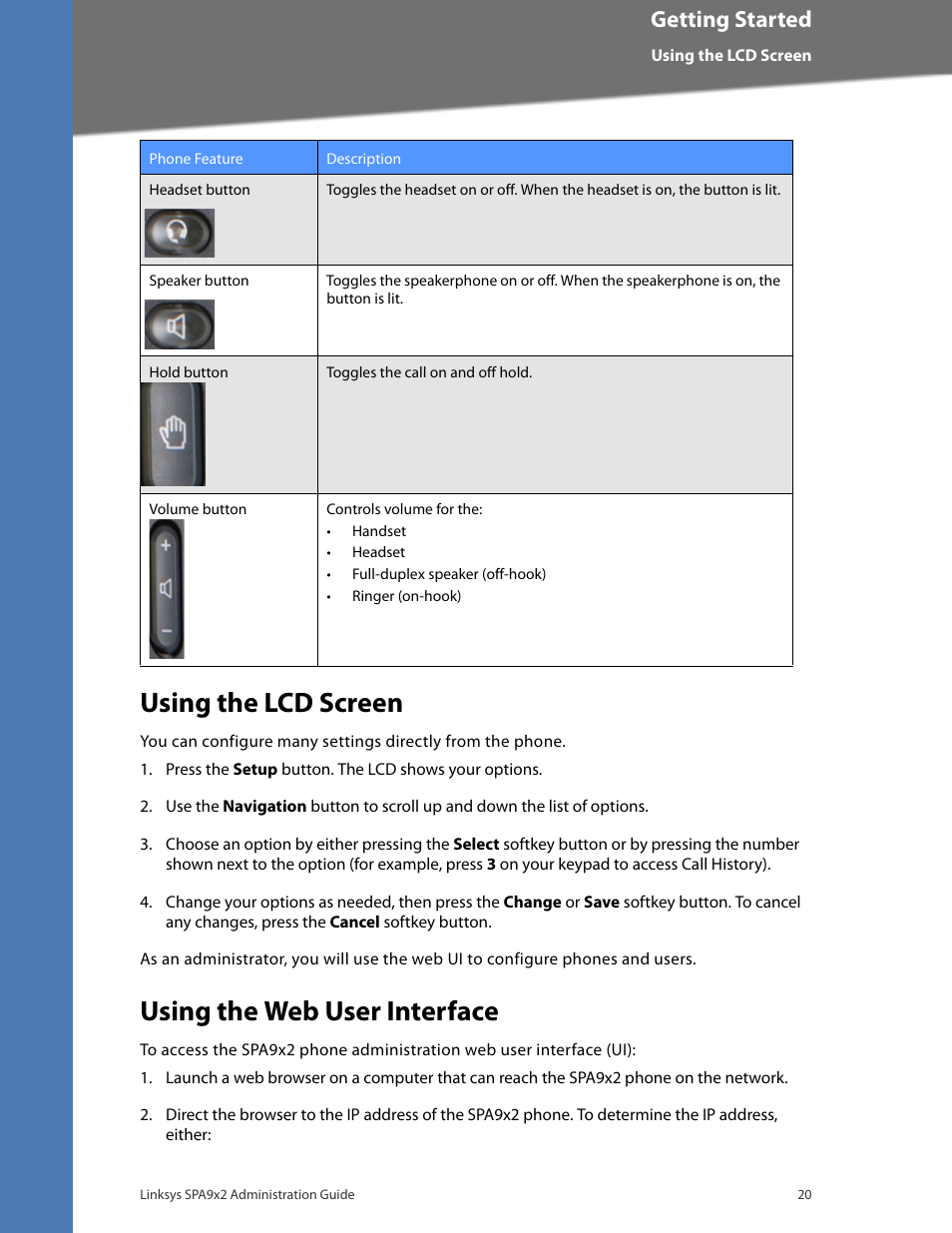 Using the lcd screen, Using the web user interface, Getting started | Linksys BUSINESS SPA922 User Manual | Page 27 / 196