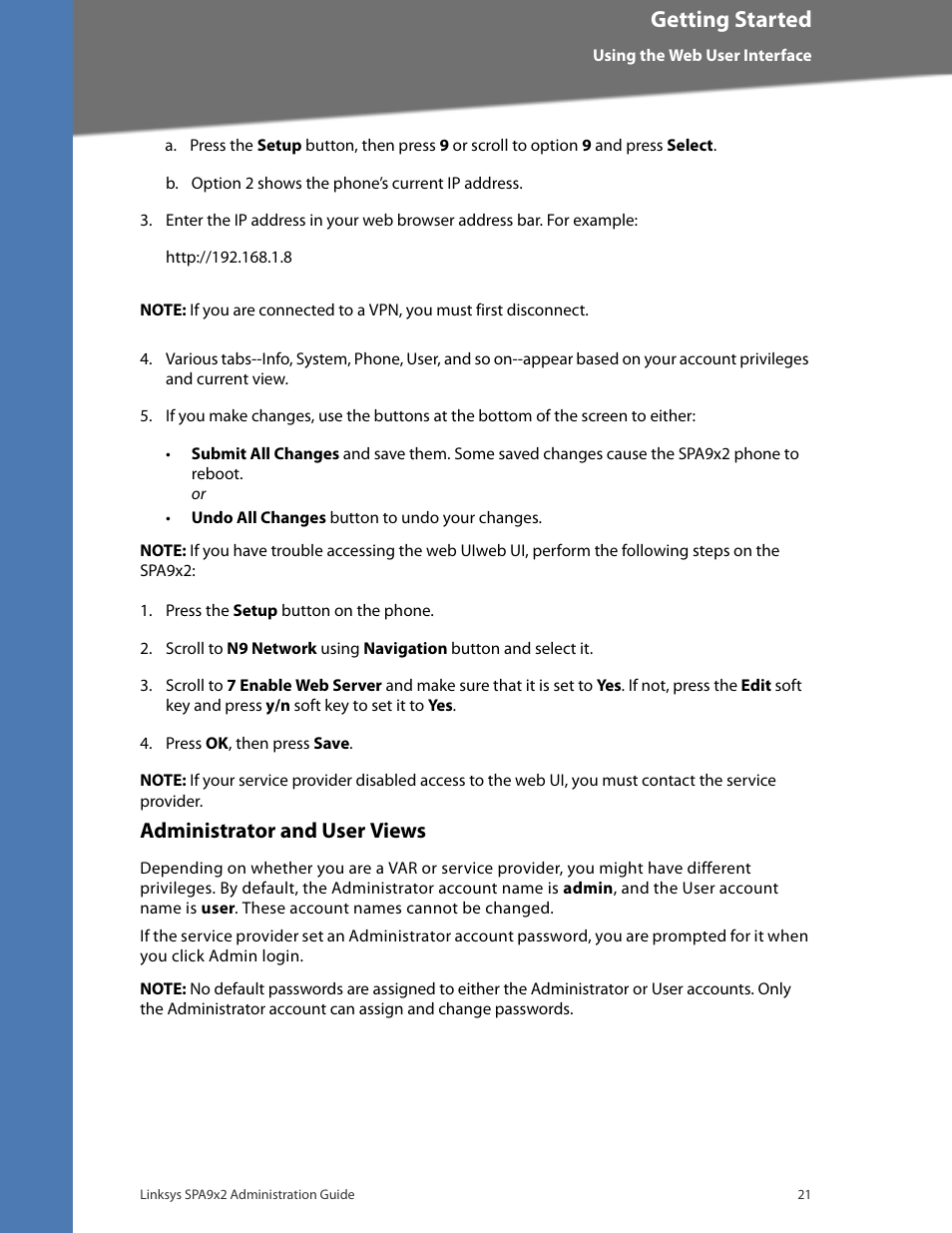 Administrator and user views, Getting started | Linksys BUSINESS SPA922 User Manual | Page 28 / 196