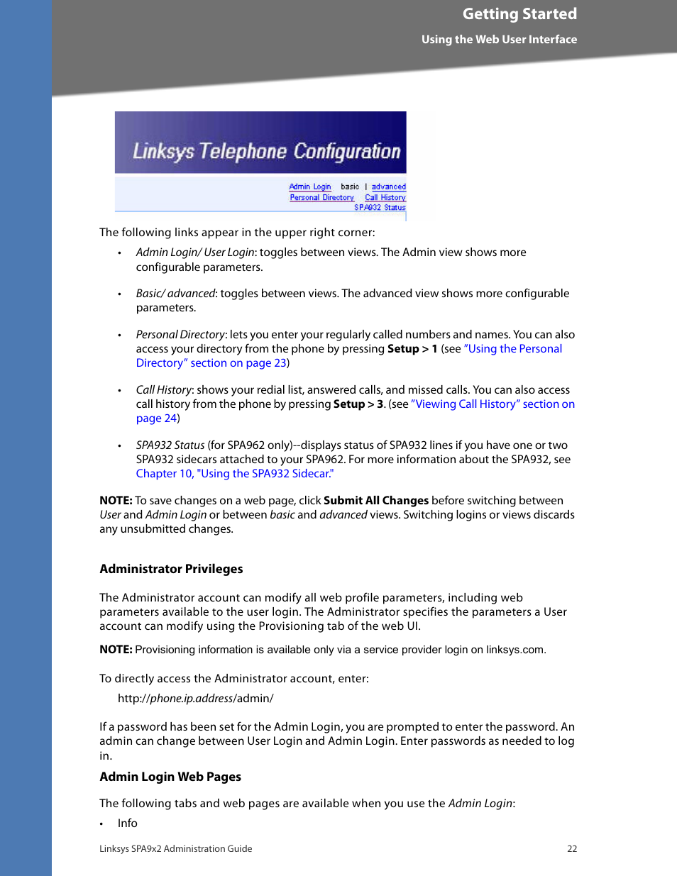 Administrator privileges, Getting started | Linksys BUSINESS SPA922 User Manual | Page 29 / 196