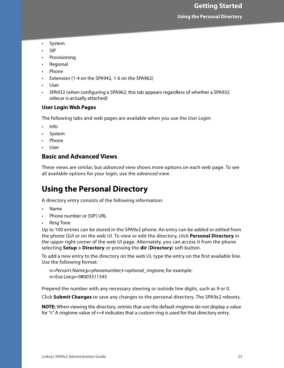 Basic and advanced views, Using the personal directory, Using the personal | Getting started | Linksys BUSINESS SPA922 User Manual | Page 30 / 196