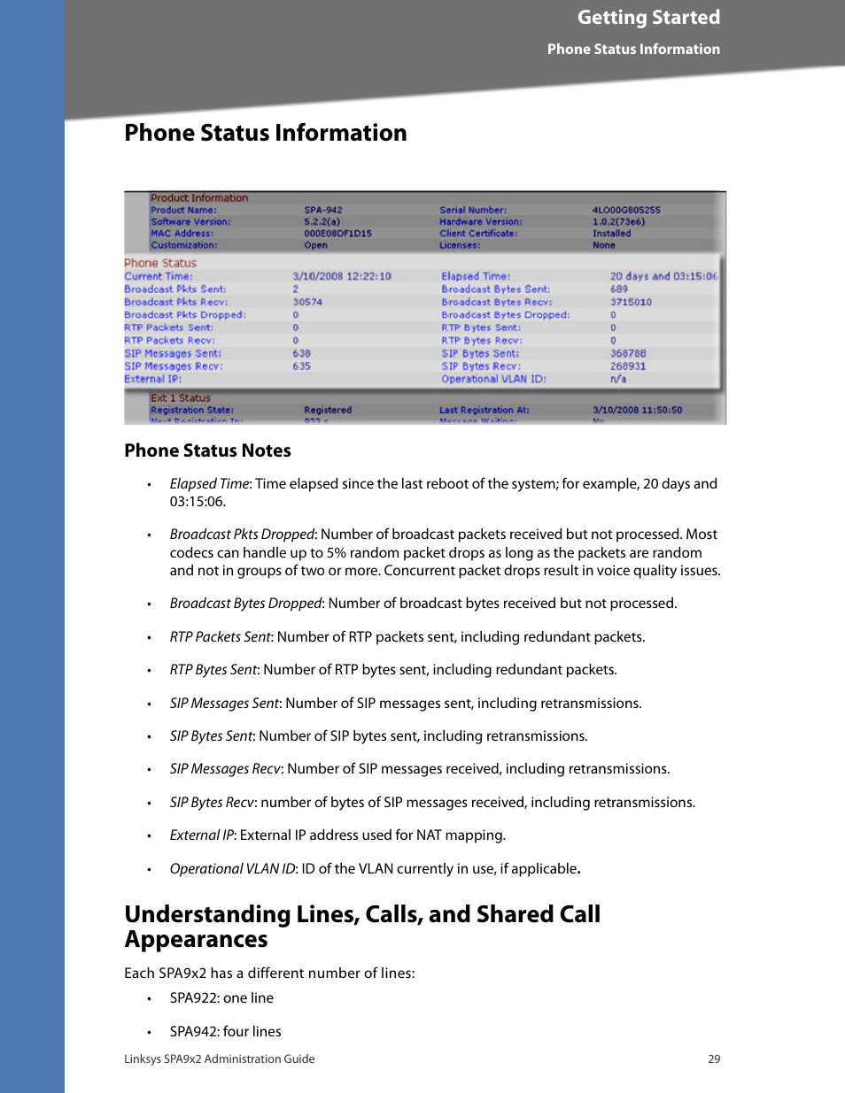 Phone status information, Phone status notes, Getting started | Linksys BUSINESS SPA922 User Manual | Page 36 / 196