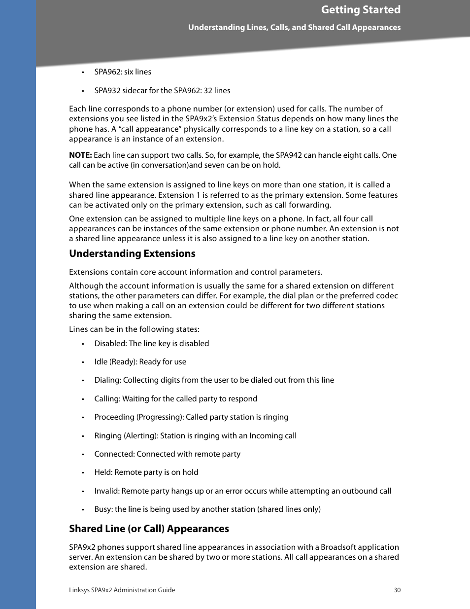 Understanding extensions, Shared line (or call) appearances, Getting started | Linksys BUSINESS SPA922 User Manual | Page 37 / 196