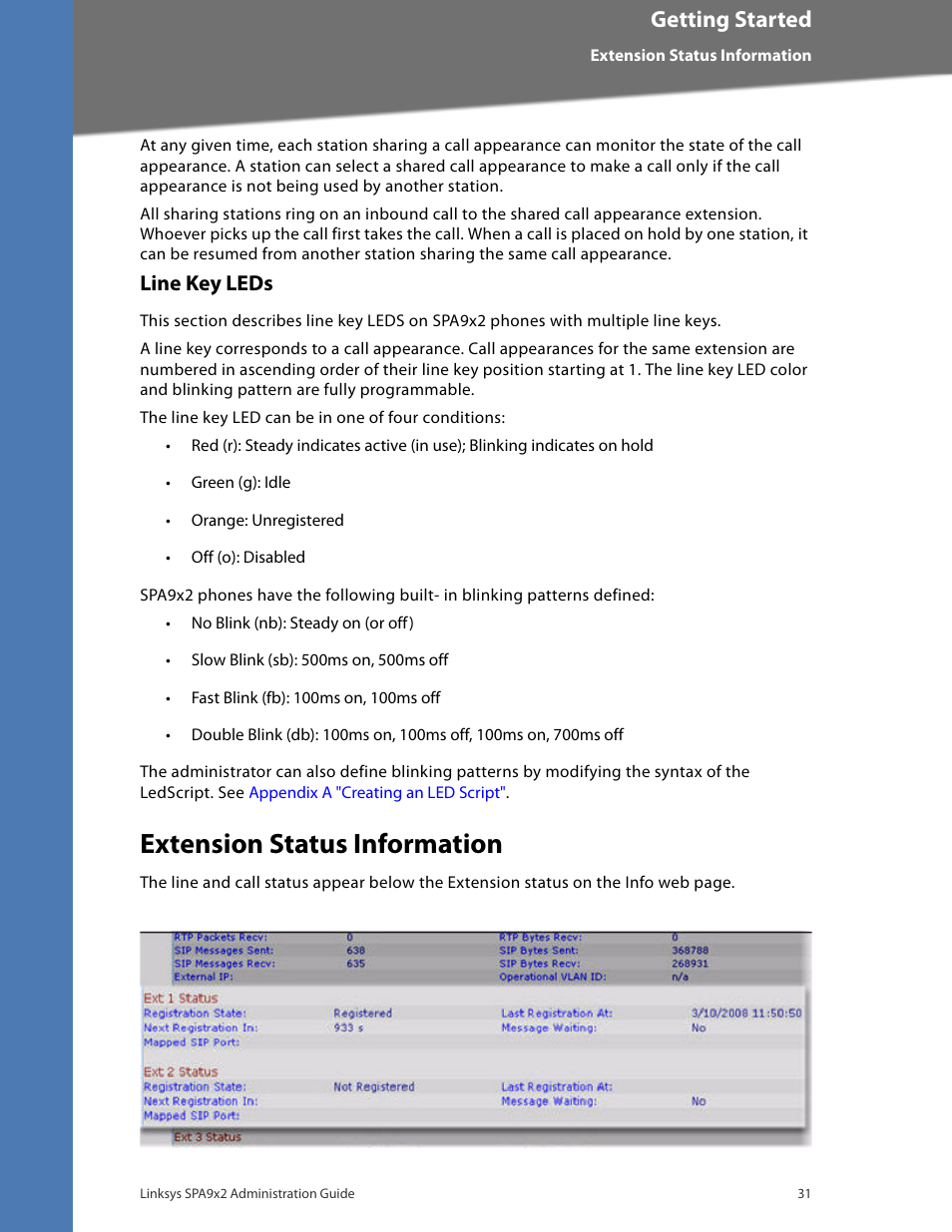 Line key leds, Extension status information, Getting started | Linksys BUSINESS SPA922 User Manual | Page 38 / 196