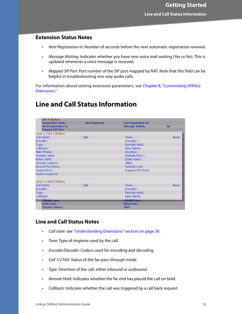 Extension status notes, Line and call status information, Line and call status notes | Getting started | Linksys BUSINESS SPA922 User Manual | Page 39 / 196