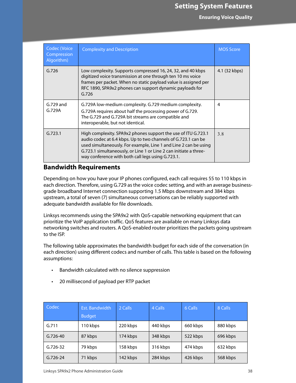 Bandwidth requirements, Setting system features | Linksys BUSINESS SPA922 User Manual | Page 45 / 196