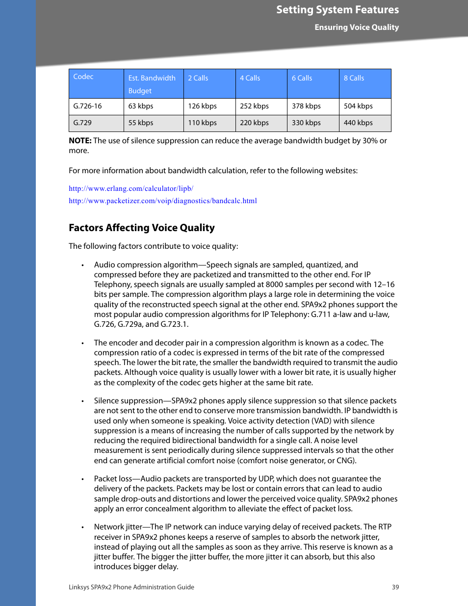 Factors affecting voice quality, Setting system features | Linksys BUSINESS SPA922 User Manual | Page 46 / 196