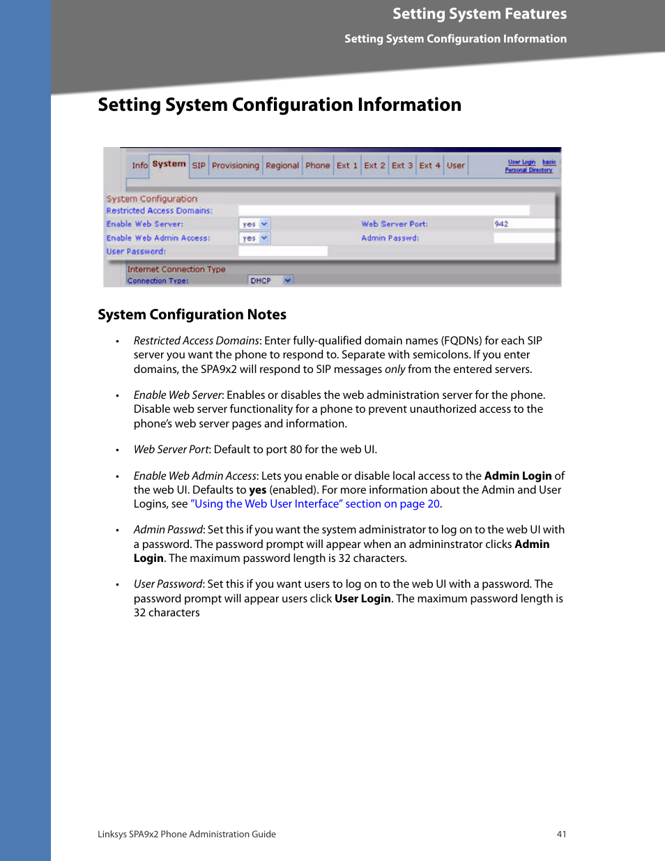 Setting system configuration information, System configuration notes, Setting system features | Linksys BUSINESS SPA922 User Manual | Page 48 / 196