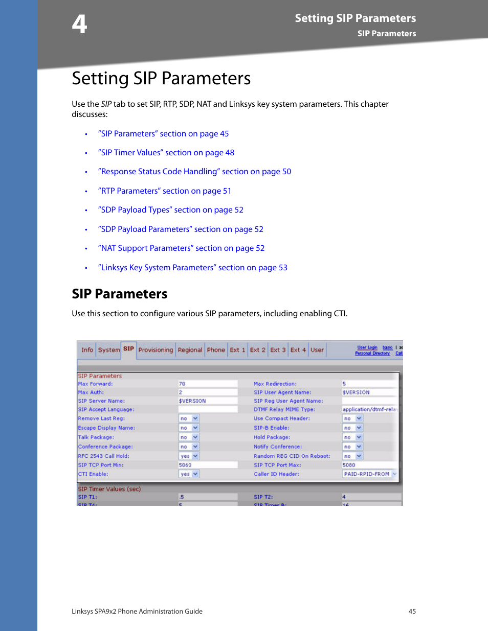 Setting sip parameters, Sip parameters, Chapter 4: setting sip parameters | Chapter 4, "setting sip, Parameters | Linksys BUSINESS SPA922 User Manual | Page 52 / 196