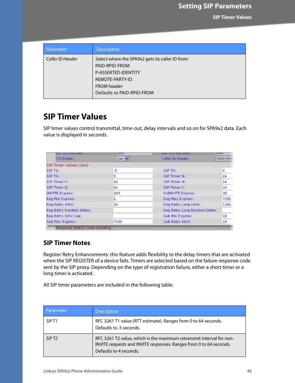 Sip timer values, Sip timer notes, Setting sip parameters | Linksys BUSINESS SPA922 User Manual | Page 55 / 196