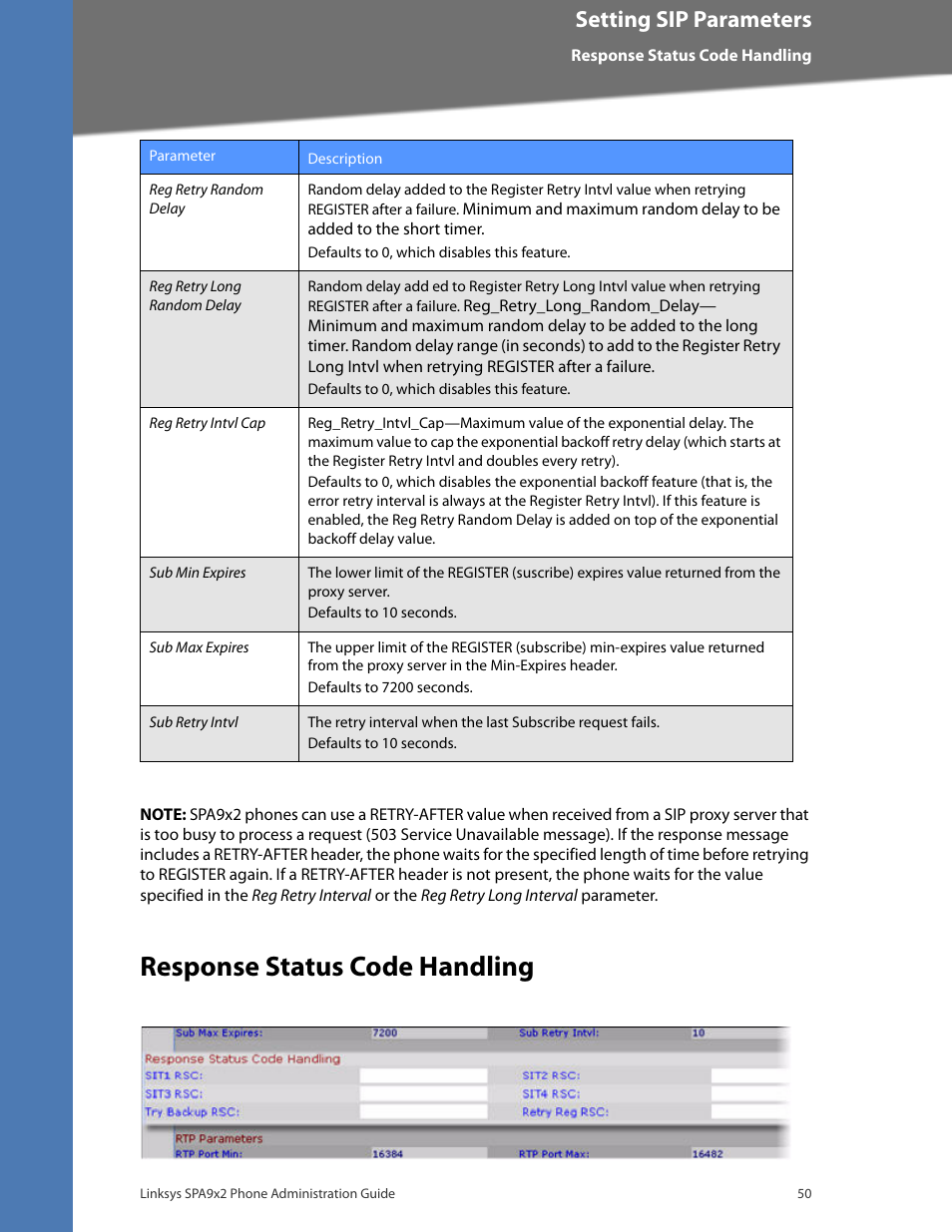 Response status code handling, Setting sip parameters | Linksys BUSINESS SPA922 User Manual | Page 57 / 196