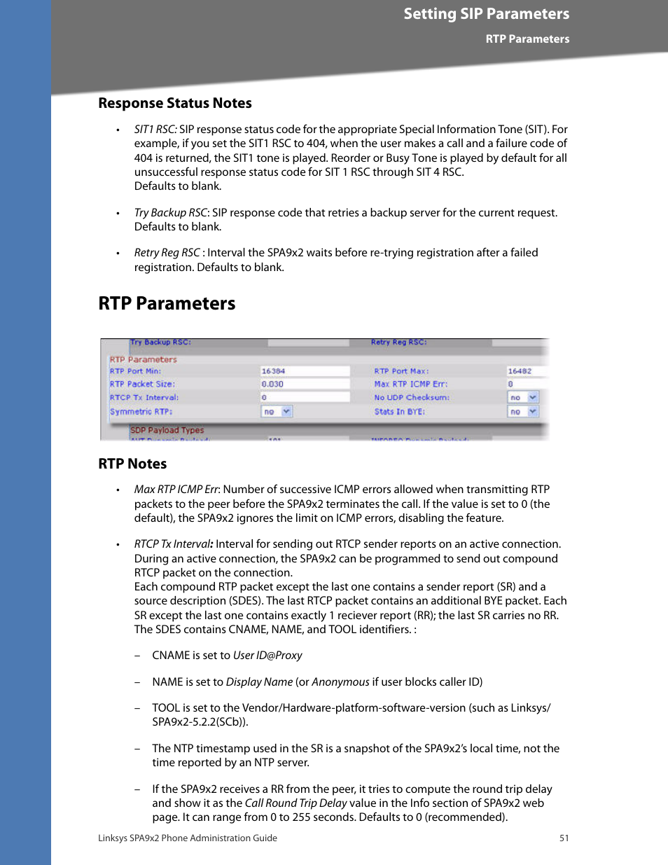 Response status notes, Rtp parameters, Rtp notes | Setting sip parameters | Linksys BUSINESS SPA922 User Manual | Page 58 / 196
