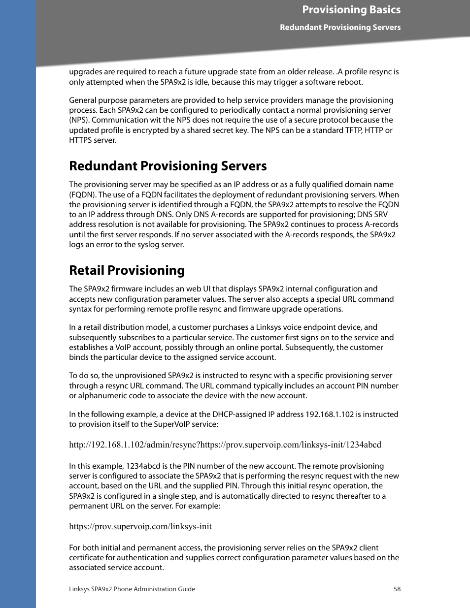 Redundant provisioning servers, Retail provisioning, Provisioning basics | Linksys BUSINESS SPA922 User Manual | Page 65 / 196