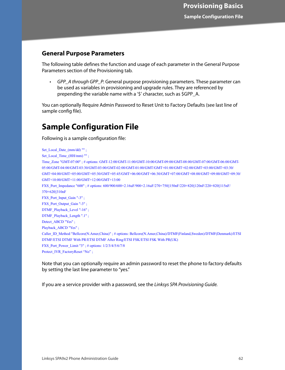 General purpose parameters, Sample configuration file, Provisioning basics | Linksys BUSINESS SPA922 User Manual | Page 69 / 196