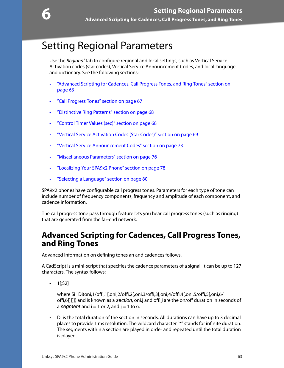 Setting regional parameters, Chapter 6: setting regional parameters, Chapter 6, "setting regional | Parameters | Linksys BUSINESS SPA922 User Manual | Page 70 / 196